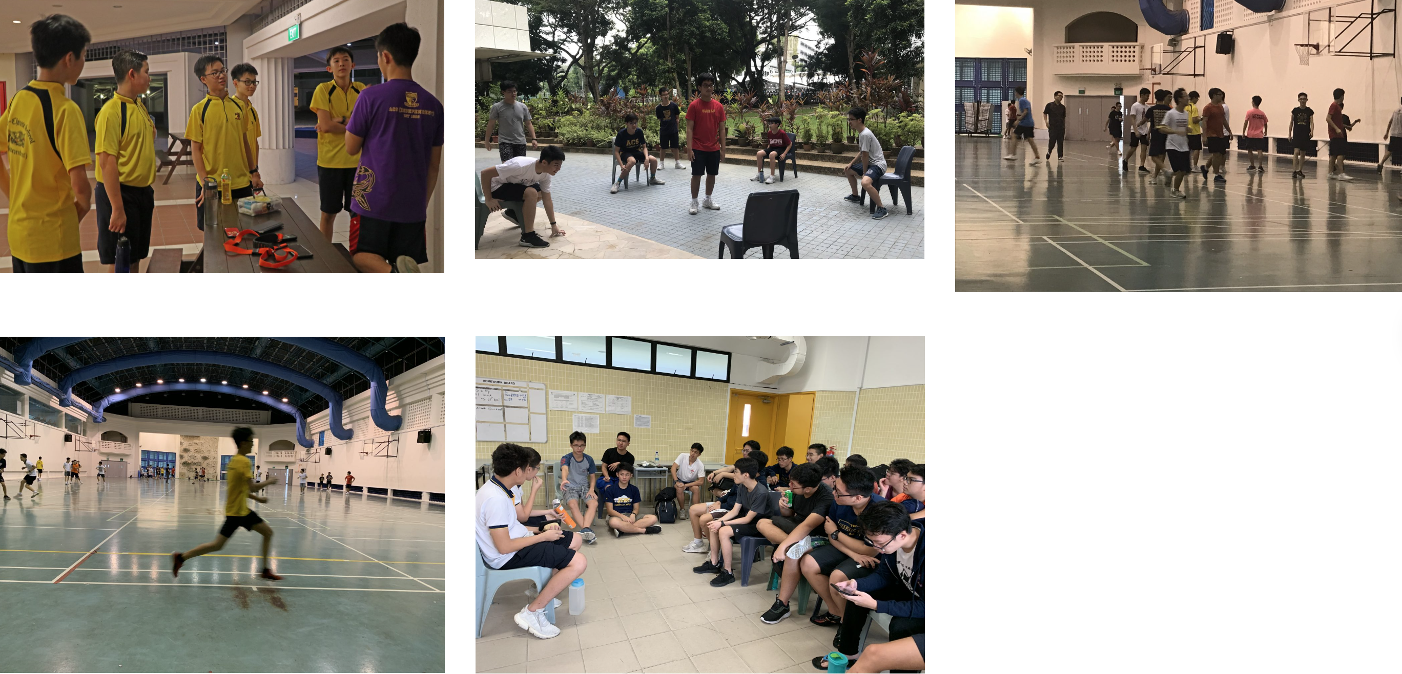 Collage of students in yellow shirts: briefing indoors, outdoor drill with chairs, gym games, and a classroom meeting.
